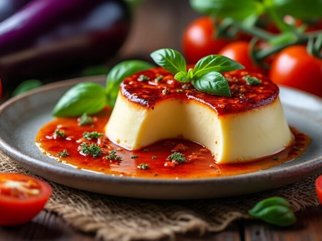 Flan d’aubergines et sauce tomate épicée