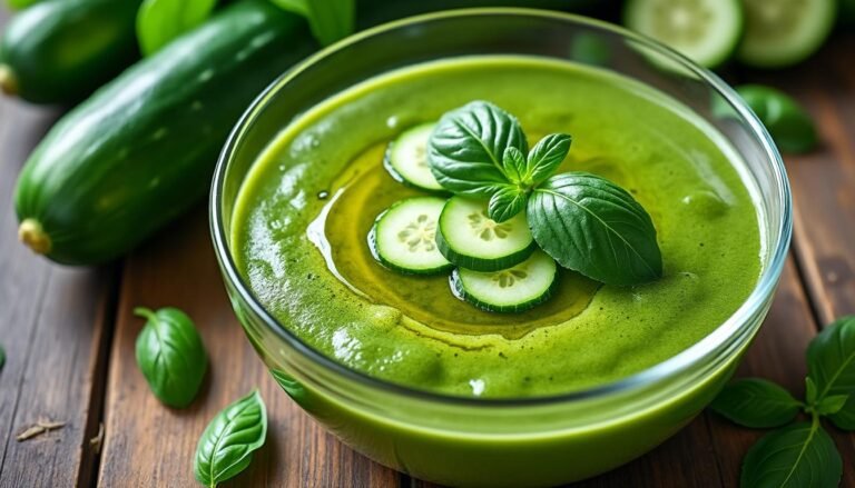 découvrez une recette rafraîchissante de gaspacho de concombre et basilic, parfaite pour les chaudes journées d'été. ce souper léger et plein de saveurs allie la douceur du concombre à l'arôme frais du basilic, offrant une expérience gustative inoubliable. idéal comme entrée ou plat principal, ce gaspacho saura séduire vos invités !