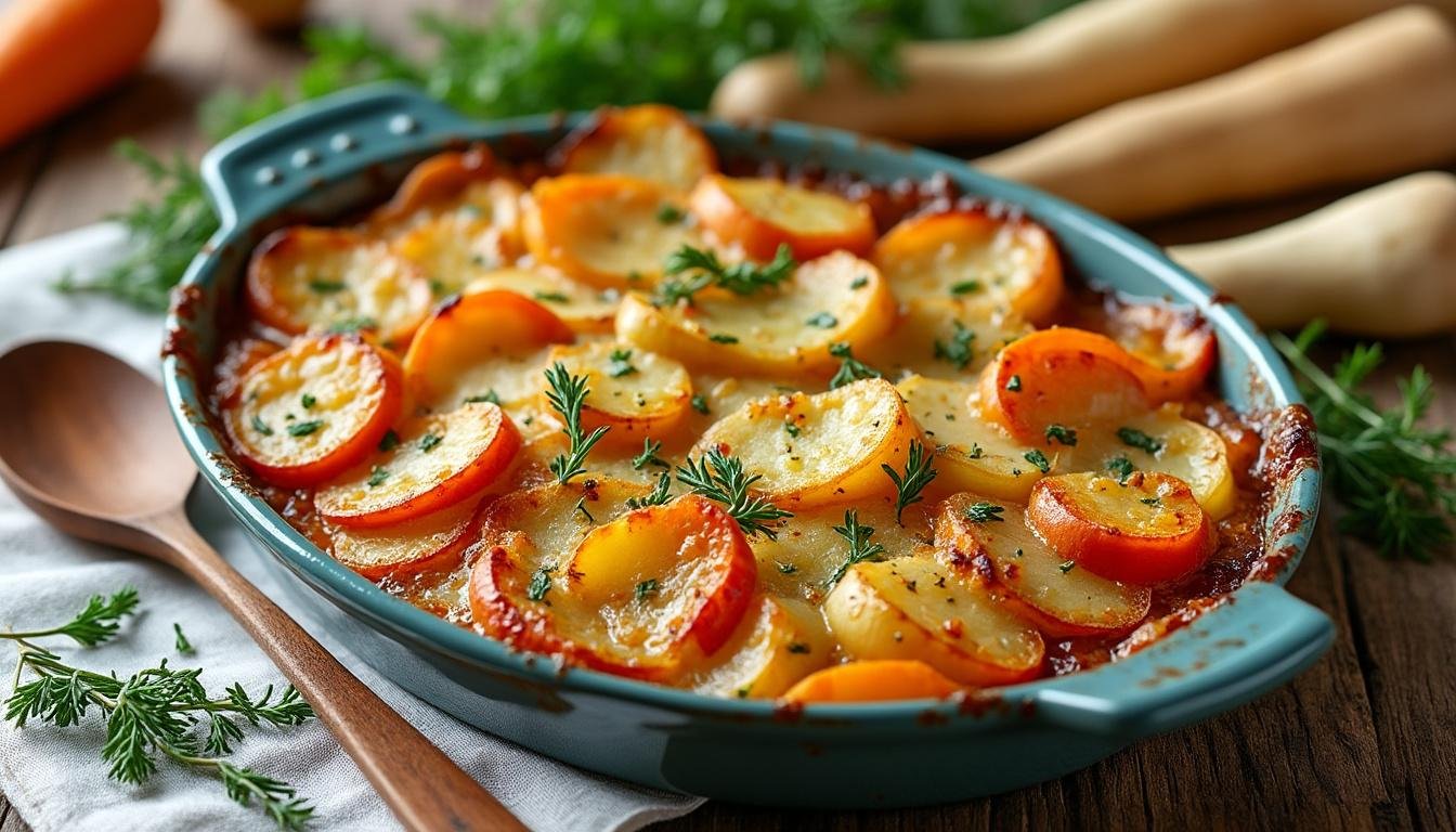 découvrez notre savoureux gratin de légumes racines au lait de coco, une recette réconfortante alliant la douceur des légumes et la crémeux du lait de coco. parfait pour un plat végétarien plein de saveurs, ce gratin ravira vos papilles tout en apportant une touche d'exotisme à votre table.