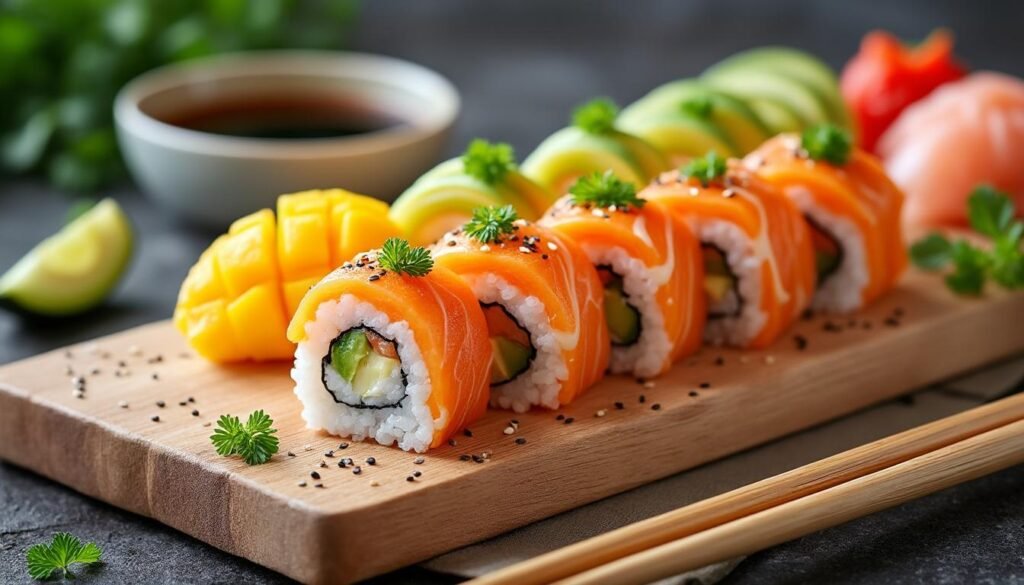 découvrez le maki saumon mangue, un sushi raffiné qui allie la douceur du saumon frais à la saveur sucrée et juteuse de la mangue. offrez-vous une expérience gustative unique aux accents exotiques, parfaite pour les amateurs de cuisine japonaise et de nouveautés culinaires.