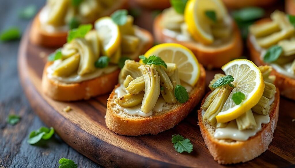 savourez nos délicieuses mini bruschettas aux artichauts et au citron, une entrée légère et raffinée qui allie la douceur des artichauts à la fraîcheur du citron. parfaites pour l'apéritif ou un repas convivial, ces bouchées sont prêtes à éblouir vos convives !