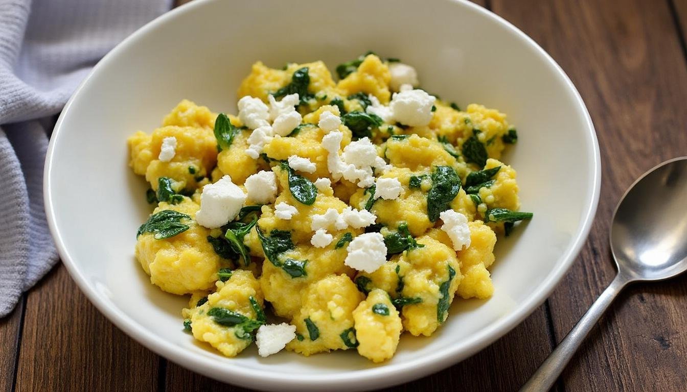 dégustez une délicieuse recette d'œufs brouillés aux épinards et feta, un plat savoureux et nutritif parfait pour le petit-déjeuner ou un brunch. savourez la douceur des œufs alliée à la richesse de la feta et à la fraîcheur des épinards.
