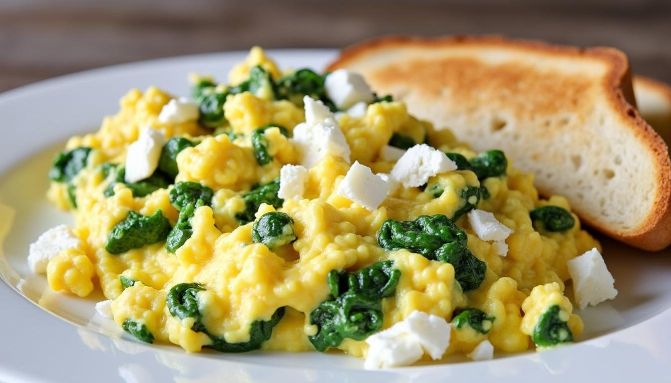 découvrez notre délicieuse recette d'œufs brouillés aux épinards et feta, un plat savoureux et nutritif, parfait pour le petit-déjeuner ou le brunch. un mélange crémeux d'œufs, d'épinards frais et de feta fondante qui ravira vos papilles!