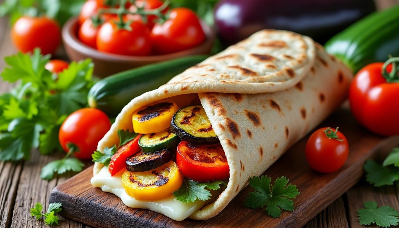 découvrez notre savoureux pain pita garni de légumes grillés et de fromage frais, une recette idéale pour un repas léger et gourmand. parfait pour les amateurs de saveurs méditerranéennes!
