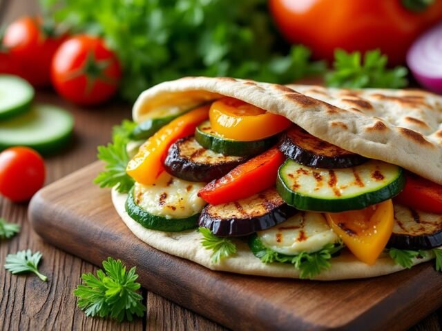 Pain pita aux légumes grillés et fromage frais