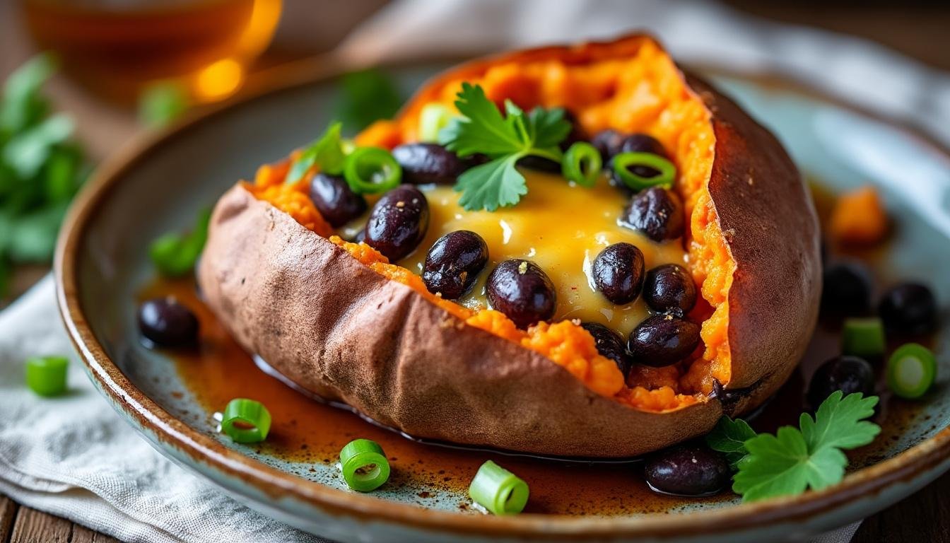 découvrez notre délicieuse recette de patate douce farcie aux haricots noirs et fromage. un plat savoureux et réconfortant, alliant la douceur de la patate à la richesse des haricots et à la fondance du fromage. parfait pour un repas équilibré et gourmand !
