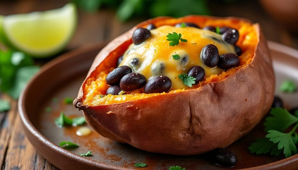 découvrez une délicieuse recette de patate douce farcie aux haricots noirs et au fromage, alliant saveurs réconfortantes et ingrédients nutritifs. idéale pour un repas végétarien savoureux et coloré, cette préparation ravira vos papilles et celles de vos convives.