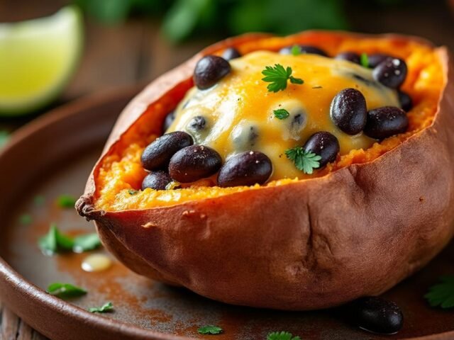 Patate douce farcie aux haricots noirs et fromage