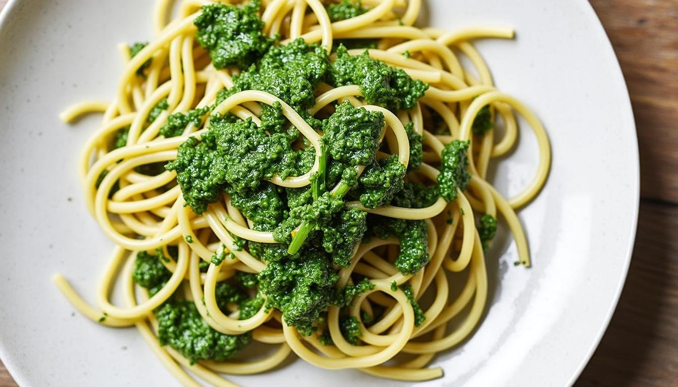 découvrez une recette savoureuse de pâtes au pesto de roquette et amandes, alliant fraîcheur et originalité. parfaite pour un repas rapide et délicieux, cette préparation végétale met en avant des ingrédients simples pour un plat plein de goût.