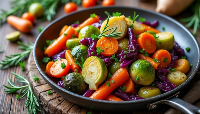 découvrez notre délicieuse poêlée de légumes d'hiver assaisonnée d'herbes aromatiques et d'huile d'olive. un plat savoureux et réconfortant qui met à l'honneur les légumes de saison pour un repas sain et plein de saveurs.