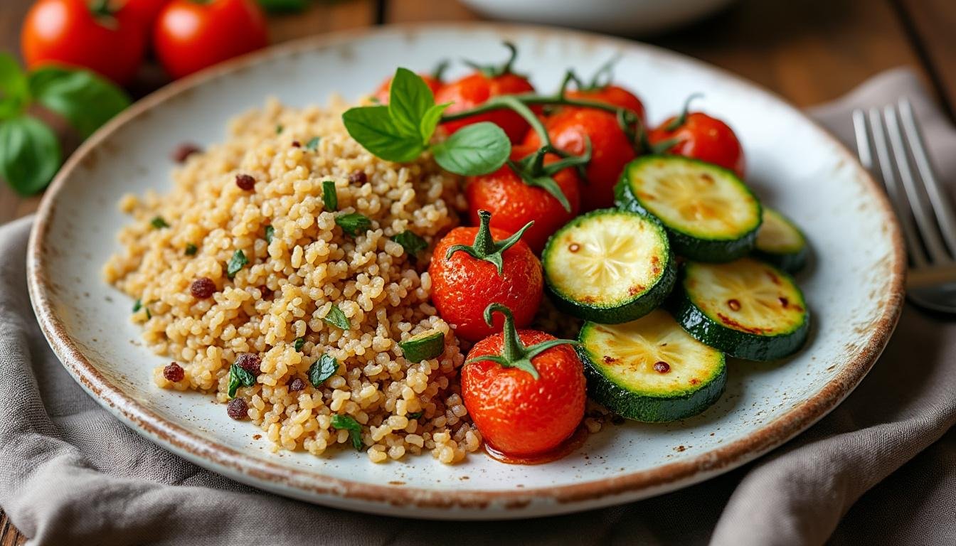 découvrez cette délicieuse poêlée de quinoa, courgettes et tomates confites, un plat sain et savoureux qui ravira vos papilles. parfait pour un repas léger, cette recette met en avant des ingrédients frais et colorés, idéal pour toute occasion.