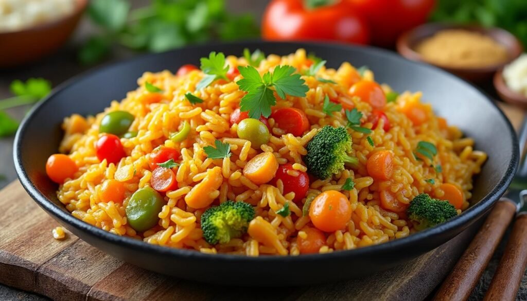 découvrez notre savoureux riz sauté aux légumes, agrémenté d'une délicieuse sauce curry. ce plat coloré et parfumé vous transporte en asie à chaque bouchée. idéal pour un repas équilibré et plein de goût!