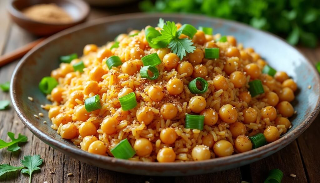 découvrez une recette savoureuse de riz sauté aux pois chiches, sublimée par des épices douces. parfaite pour un repas équilibré et plein de saveurs, cette préparation allie la tendreté des pois chiches à la richesse aromatique des épices, pour un plat réconfortant et nourrissant.