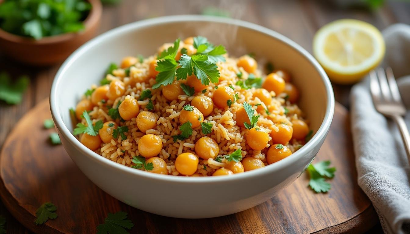 découvrez notre savoureux riz sauté aux pois chiches, rehaussé d'un mélange d'épices douces. un plat coloré et réconfortant, parfait pour un repas végétarien délicieux et nourrissant.