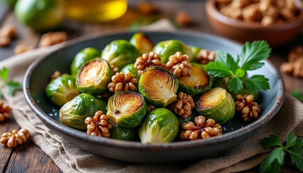 découvrez une délicieuse salade de choux de bruxelles rôtis mêlée à des noix croquantes. parfaite pour accompagner vos plats ou servir en entrée, cette recette saine et savoureuse ravira vos papilles avec ses textures et saveurs variées.