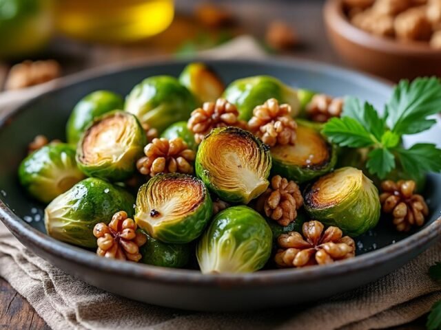 Salade de choux de Bruxelles rôtis et noix