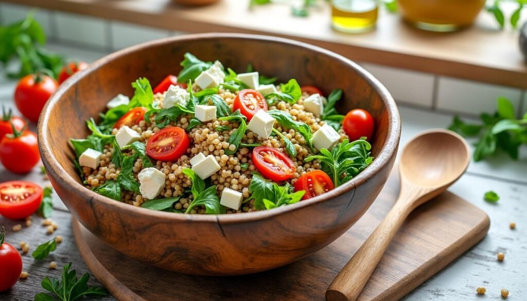 découvrez une délicieuse salade de farro aux saveurs méditerranéennes, agrémentée de feta crémeuse et de tomates cerises juteuses. parfaite pour un déjeuner léger ou en accompagnement, cette recette allie santé et gourmandise avec des ingrédients frais et savoureux.