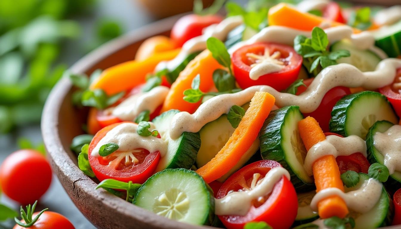 découvrez une savoureuse salade de légumes croquants, agrémentée d'une délicieuse sauce tahini. parfaite pour une alimentation saine, cette recette allie fraîcheur et gourmandise, idéale pour un repas léger ou en accompagnement.