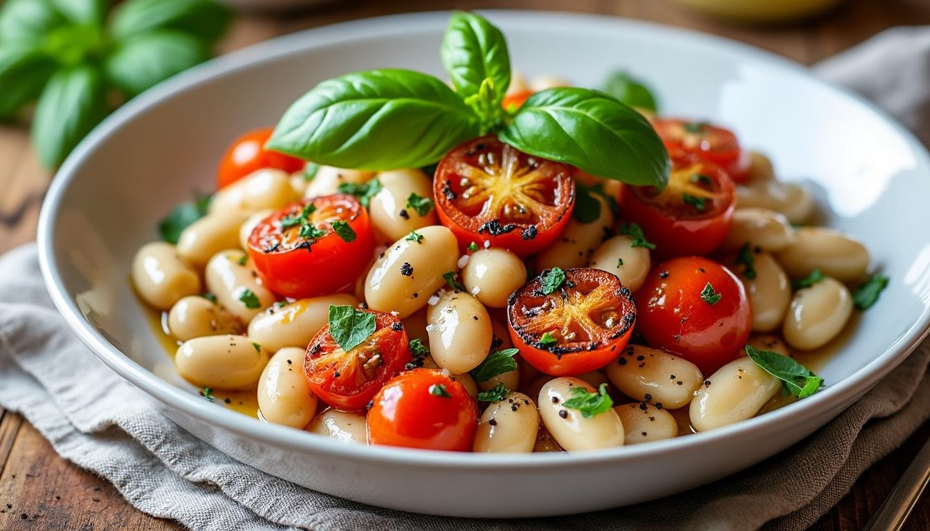 découvrez notre délicieuse salade tiède de haricots blancs et tomates rôties, un mélange savoureux de textures et de saveurs, parfait pour un repas léger et sain. idéale pour toutes les saisons, elle allie la douceur des haricots à la richesse des tomates rôties, pour un plat coloré et réconfortant.
