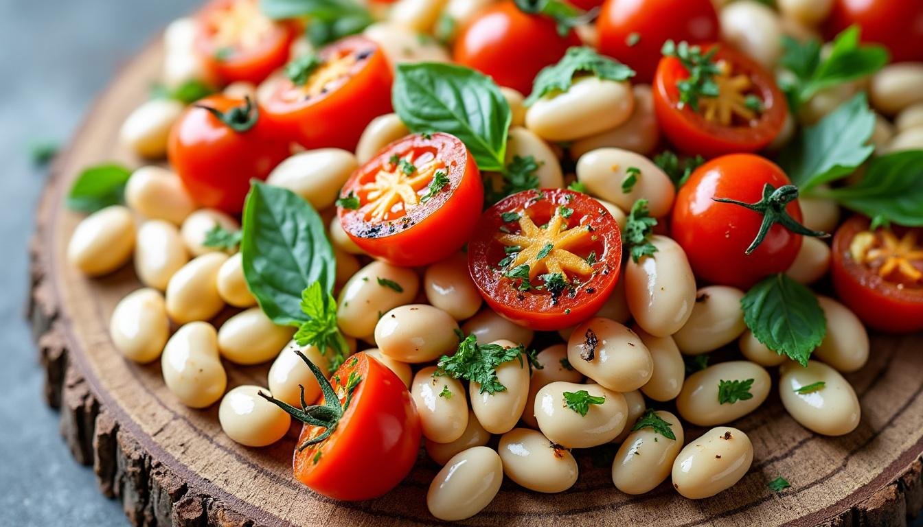 découvrez notre délicieuse salade tiède de haricots blancs et tomates rôties, une recette saine et savoureuse qui allie la douceur des haricots à l'intensité des tomates rôties. parfaite pour un repas léger ou un accompagnement savoureux !
