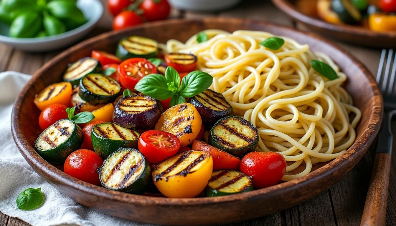 découvrez une délicieuse recette de spaghettis aux légumes rôtis, agrémentée d'amandes effilées croquantes. un plat savoureux et sain, parfait pour vos repas en famille ou entre amis.