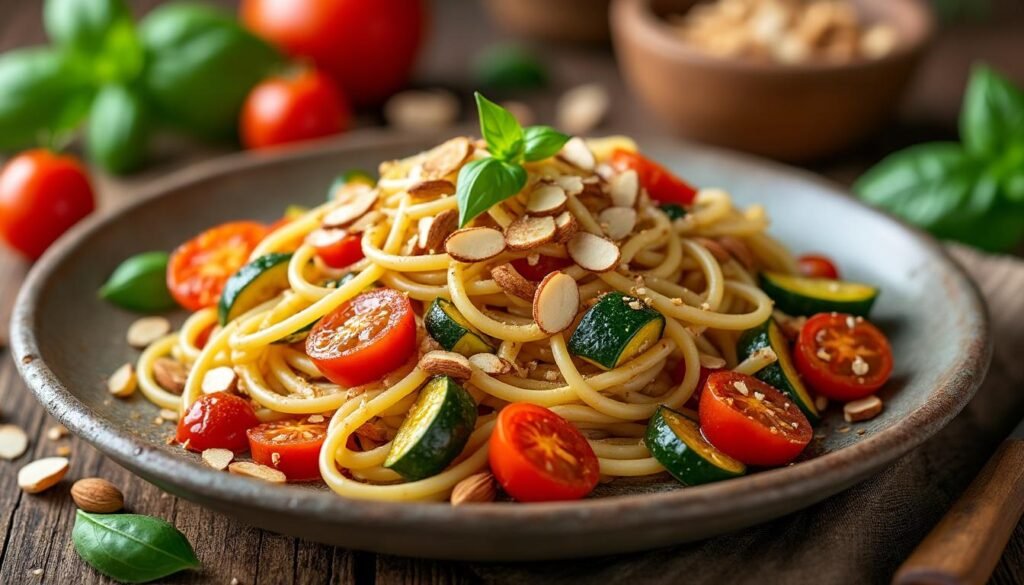 découvrez une délicieuse recette de spaghettis aux légumes rôtis, agrémentés d'amandes effilées croquantes. parfaite pour un repas sain et savoureux, cette préparation mêle la douceur des légumes de saison à la richesse des saveurs méditerranéennes.