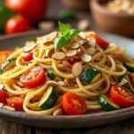 Spaghettis aux légumes rôtis et amandes effilées