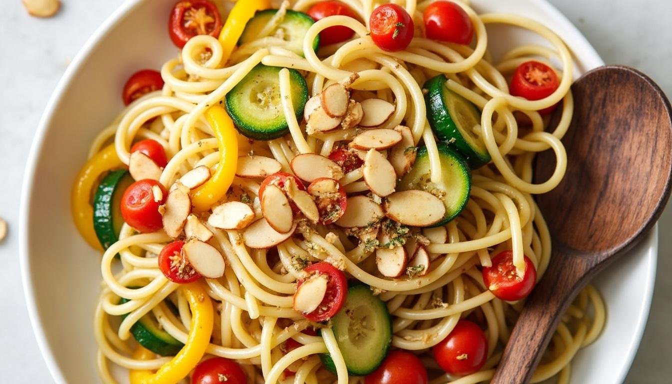 découvrez une recette savoureuse de spaghettis aux légumes rôtis, agrémentée d'amandes effilées croquantes. parfaite pour un repas sain, cette combinaison délicieuse ravira vos papilles tout en étant simple à préparer. idéale pour les amateurs de cuisine végétarienne !