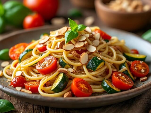 Spaghettis aux légumes rôtis et amandes effilées