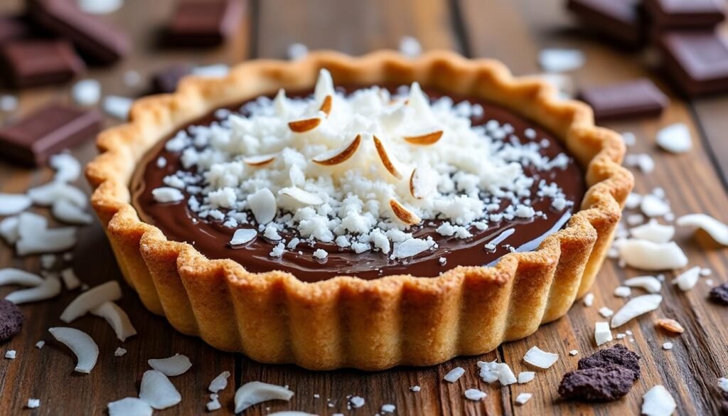 découvrez notre délicieuse recette de tarte à la noix de coco et chocolat, alliant la douceur de la noix de coco à la richesse du chocolat pour un dessert irrésistible. parfaite pour les amateurs de douceurs exotiques et de plats réconfortants, cette tarte saura séduire vos papilles à chaque bouchée !