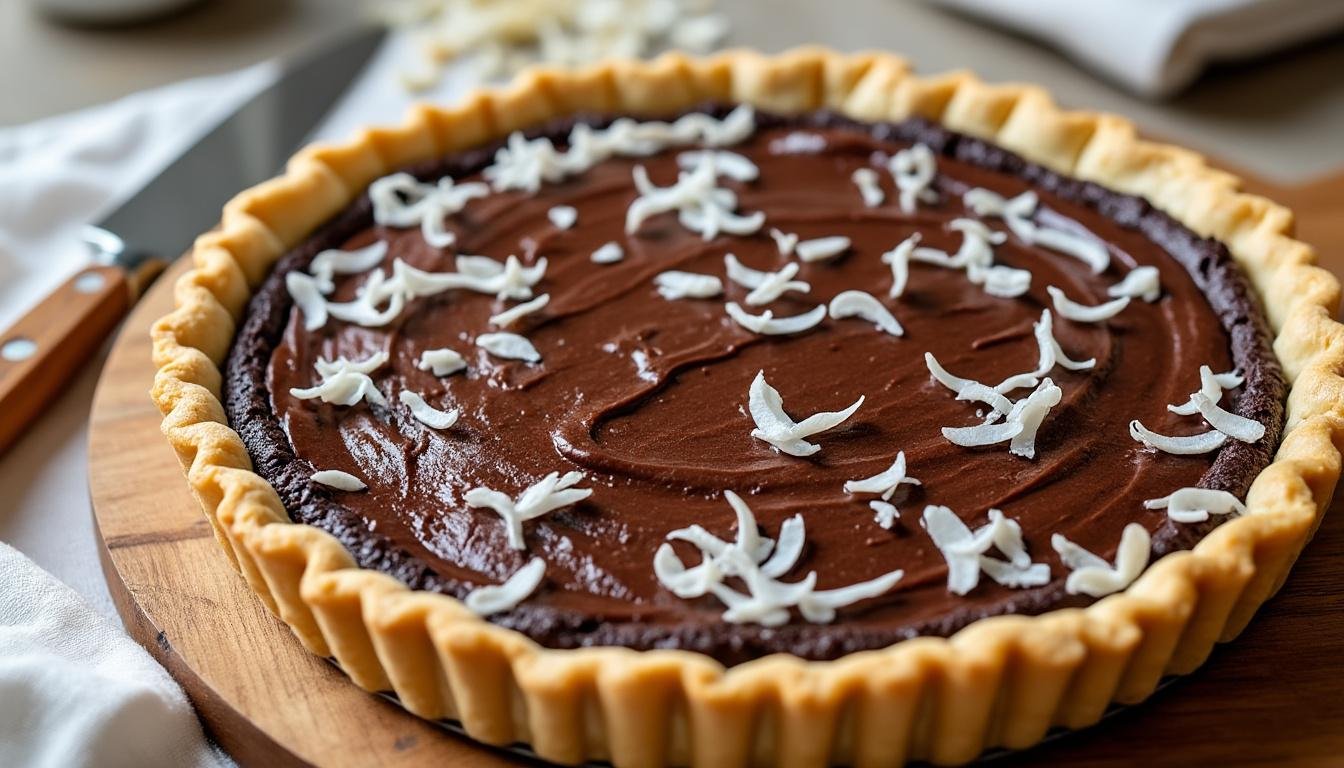 découvrez notre délicieuse tarte à la noix de coco et chocolat, une harmonie parfaite entre la douceur de la noix de coco et l'intensité du chocolat. idéale pour les amateurs de desserts gourmands, cette recette ravira vos papilles à chaque bouchée. parfaite pour toutes vos occasions!