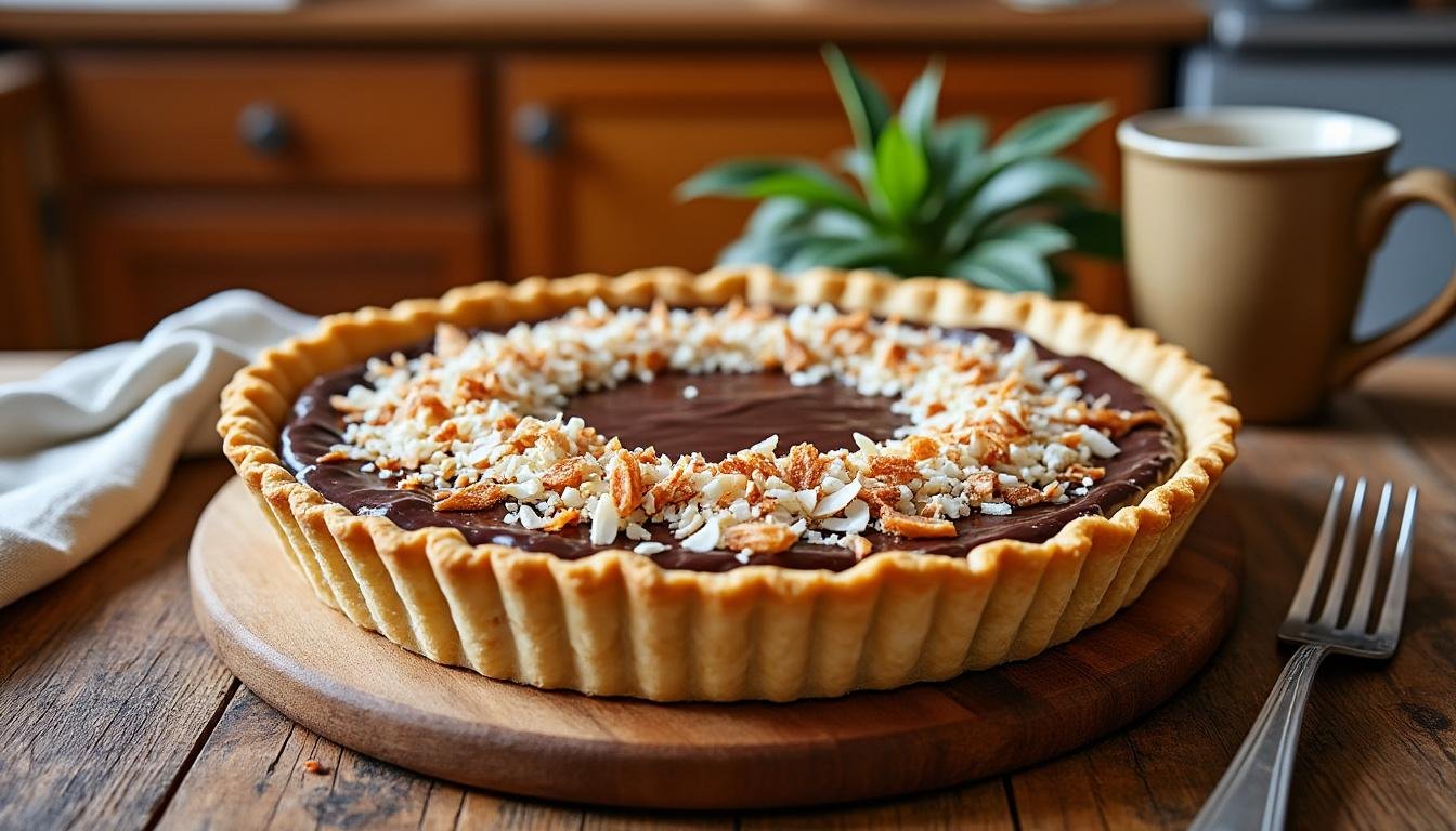 découvrez une délicieuse tarte à la noix de coco et chocolat, alliant la douceur de la noix de coco à l'intensité du chocolat. parfaite pour un dessert gourmand, elle ravira vos papilles à chaque bouchée. idéale pour les fêtes ou simplement pour se faire plaisir !