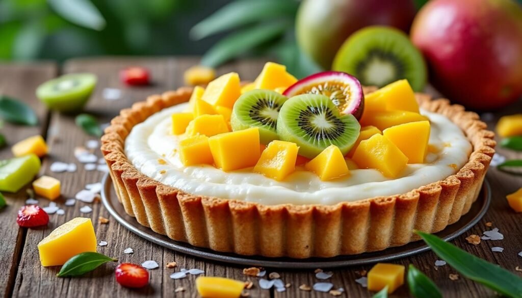découvrez notre délicieuse tarte au lait de coco, sublimée par des fruits exotiques pour une explosion de saveurs. une douceur tropicale qui ravira vos papilles et égayera vos occasions spéciales. ne manquez pas cette recette irrésistible et parfumée !