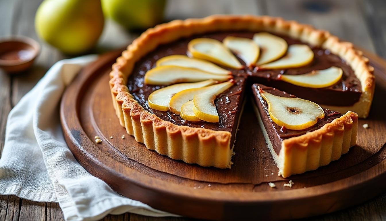découvrez notre délicieuse tarte aux poires et chocolat praliné : une alliance gourmande de fruits juteux et de chocolat crémeux. parfaite pour régaler vos invités lors de vos repas ou pour un dessert rafraîchissant. faites fondre vos papilles avec cette recette savoureuse!