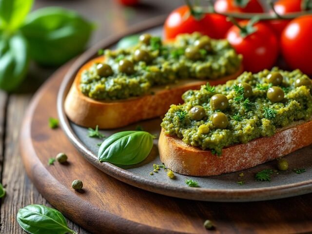 Tartines de tapenade verte et tomates cerises