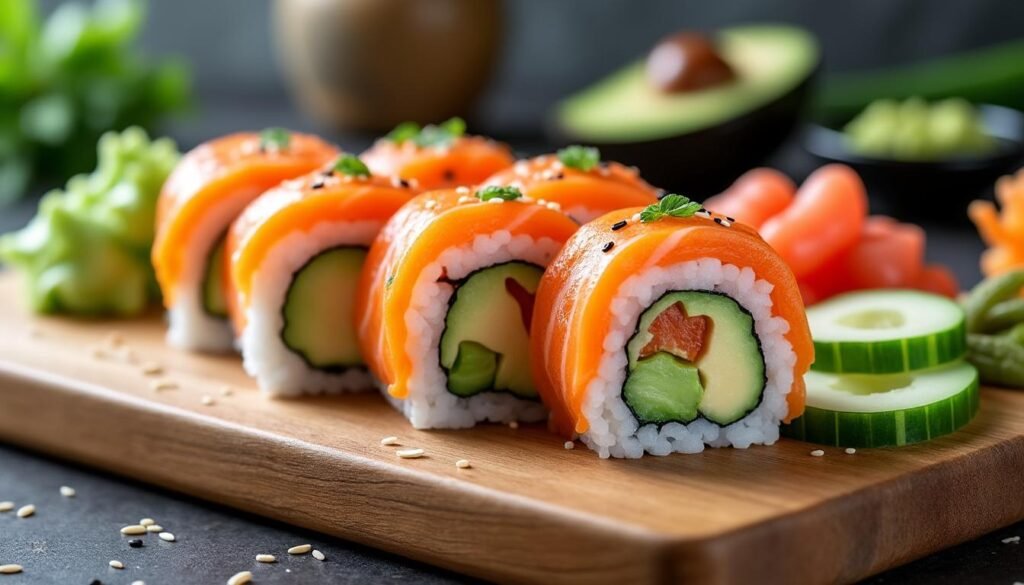 découvrez l'uramaki saumon avocat, le rouleau inversé incontournable qui marie la fraîcheur du saumon à la douceur de l'avocat. parfait pour les amateurs de sushis, savourez une expérience gustative unique et raffinée. idéal pour vos repas entre amis ou en famille!