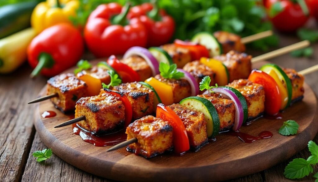 découvrez notre recette de brochettes de tempeh mariné accompagnées de légumes colorés, pour un repas végétarien savoureux, sain et facile à préparer au barbecue ou au four.
