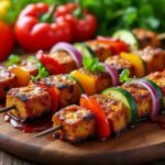 Brochettes de tempeh mariné et légumes