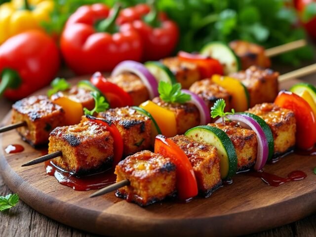 Brochettes de tempeh mariné et légumes