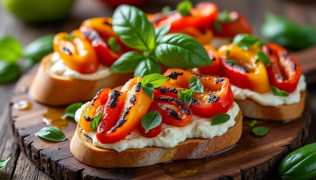 régalez vos invités avec cette délicieuse bruschetta garnie de poivrons grillés et de ricotta onctueuse. simple à réaliser, cette entrée méditerranéenne est idéale pour ajouter une touche de fraîcheur à vos repas.