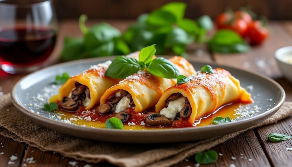 savourez des cannellonis aux champignons et ricotta: une recette facile et crémeuse, gratinée au four, idéale pour un dîner végétarien gourmand.