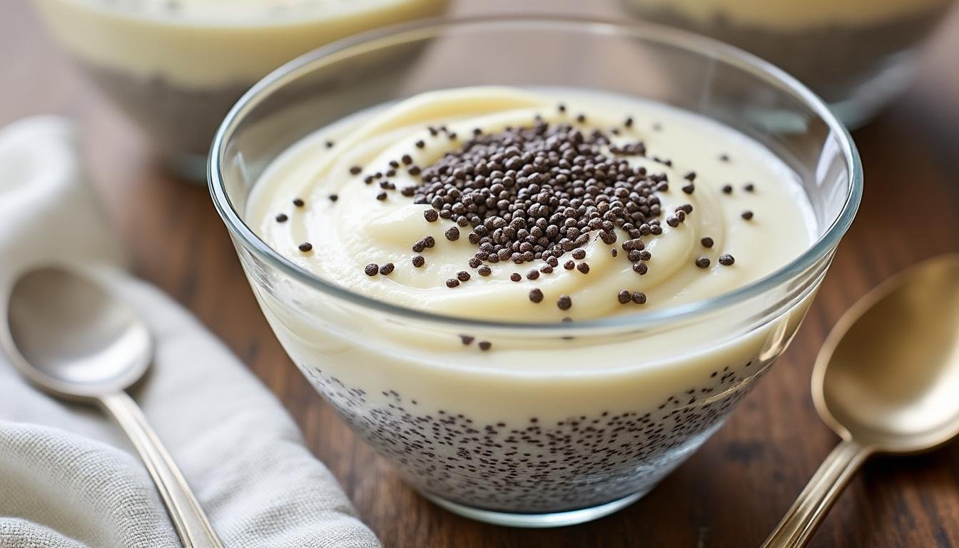 savourez une crème vanille onctueuse agrémentée de graines de chia, un dessert léger, raffiné et idéal pour une pause gourmande saine.