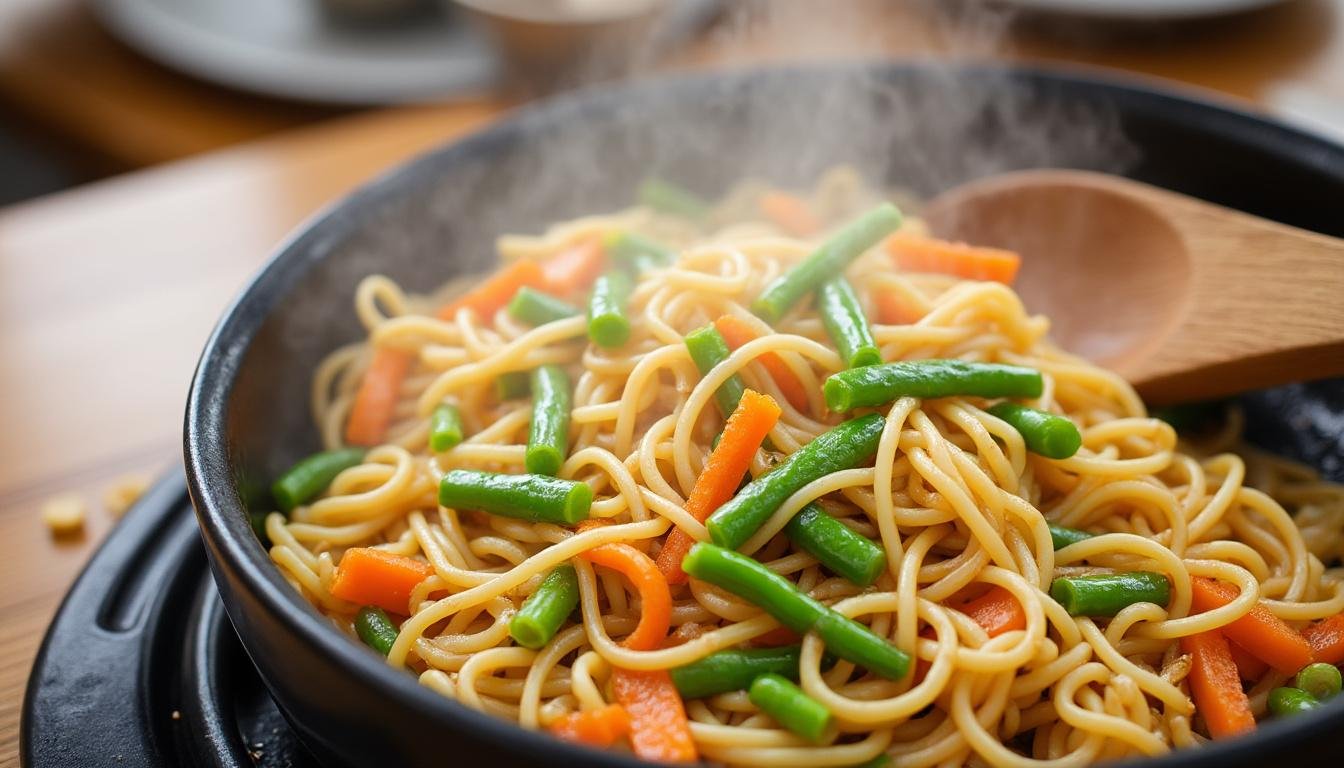 savourez nos nouilles de riz sautées à l’ail et sésame : un plat rapide, parfumé et végétarien, idéal pour un repas asiatique plein de saveurs et facile à préparer.