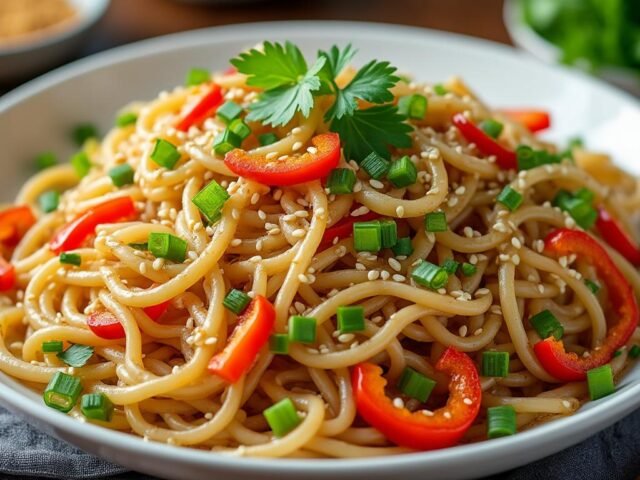 Nouilles de riz sautées à l’ail et sésame