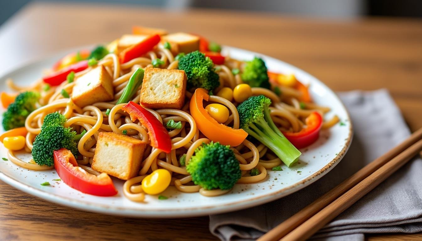 savourez des nouilles sautées au tofu et gingembre, un plat végétarien rapide à préparer, plein de saveurs asiatiques, parfait pour un repas sain et gourmand.