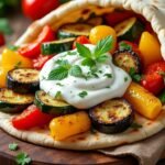 Pain pita garni de légumes rôtis et tzatziki