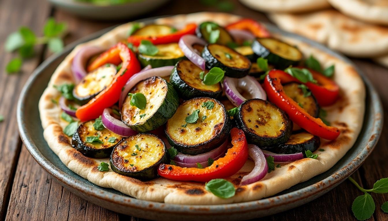 savourez notre pain pita garni de légumes rôtis délicatement parfumés et accompagné d'un onctueux tzatziki. une explosion de saveurs méditerranéennes qui ravira vos papilles à chaque bouchée !