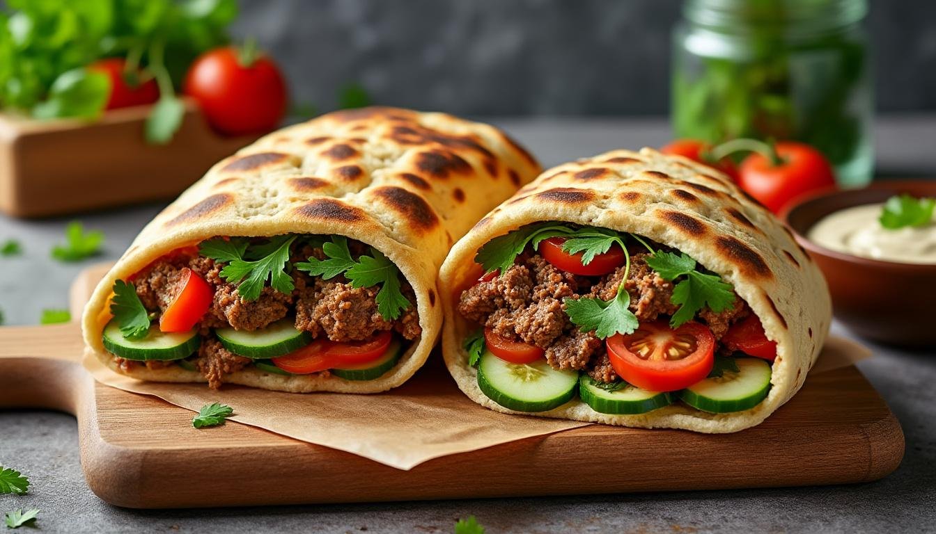 découvrez notre délicieux pain pita garni de légumes rôtis savoureux et d'un onctueux tzatziki. parfait pour un repas léger et gourmand, ce plat allie fraîcheur et réconfort dans chaque bouchée.
