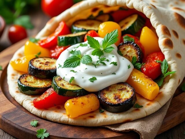 Pain pita garni de légumes rôtis et tzatziki