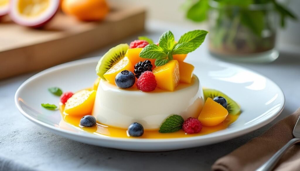 savourez une panna cotta onctueuse accompagnée de délicieux fruits exotiques. une recette facile pour un dessert frais, coloré et raffiné qui émerveillera vos papilles.